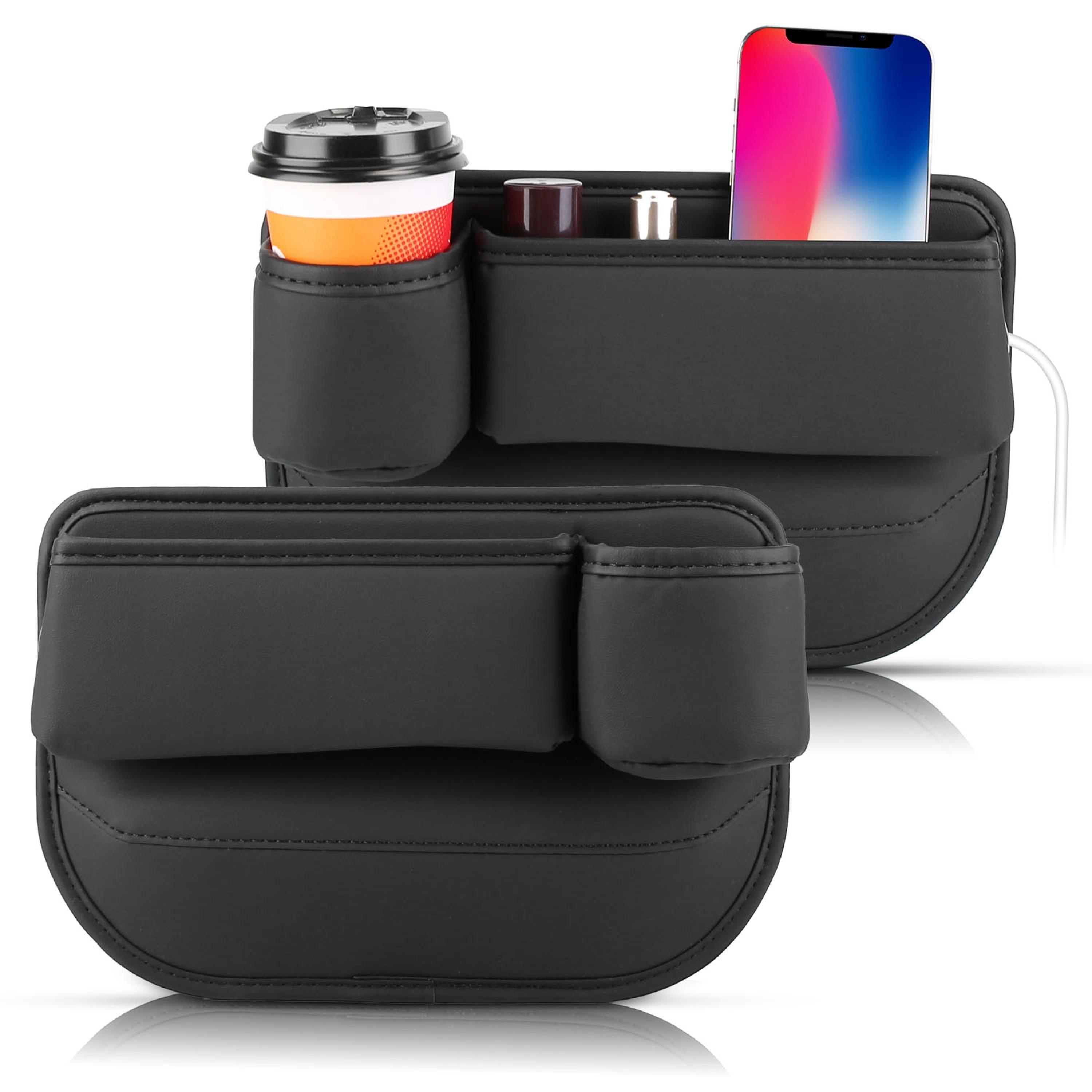 2 Pack Car Seat Gap Filler Organizer Car Leather Cup Holder Gap Bag Universal Car Seat Storage Black for Placing Keys Cards Phones Drinks Lipstick - P's One-Stop Shop 