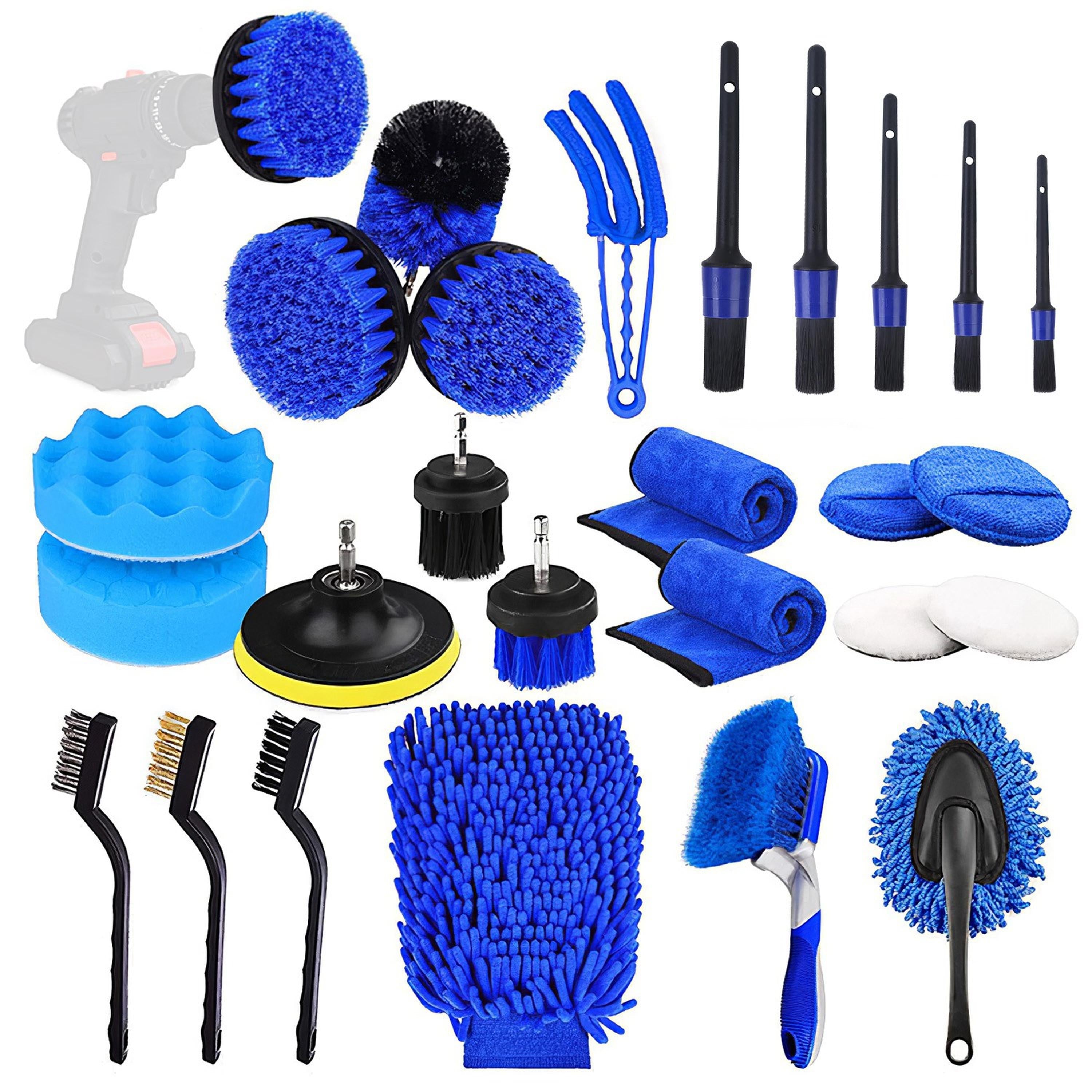 26Pcs Car Detailing Brush Kit Exterior Interior Car Cleaning Set Drill Brush Set Car Buffing Sponge Pads Kit for Cleaning Automobile Interior Exterior - P's One-Stop Shop 