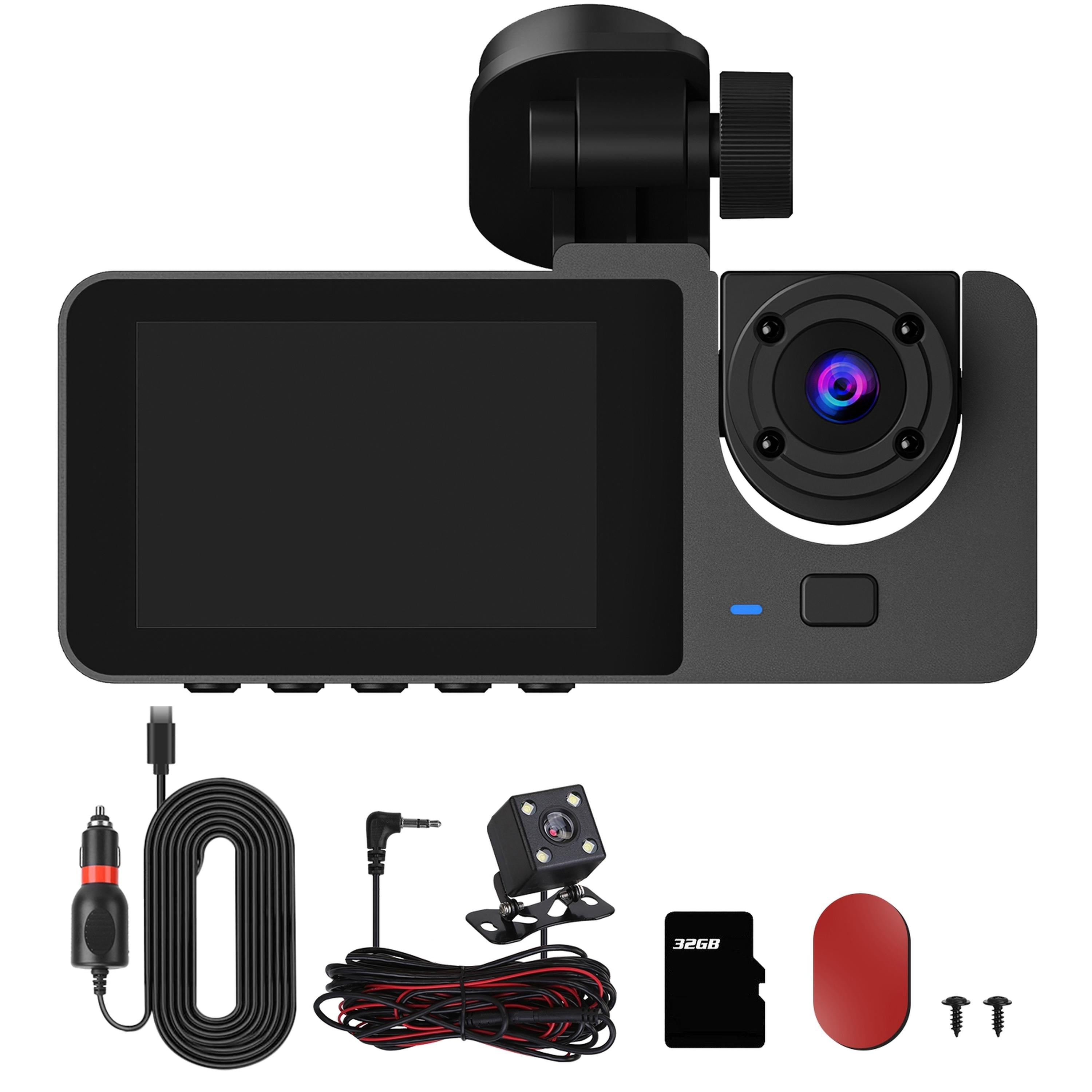 3 Channel Dash Cam Front Inside Rear Vehicle Driving Recorder Car DVR with 32G MMC Card G Sensor Motion Detection Parking Monitor Night Vision Loop Re - P's One-Stop Shop 