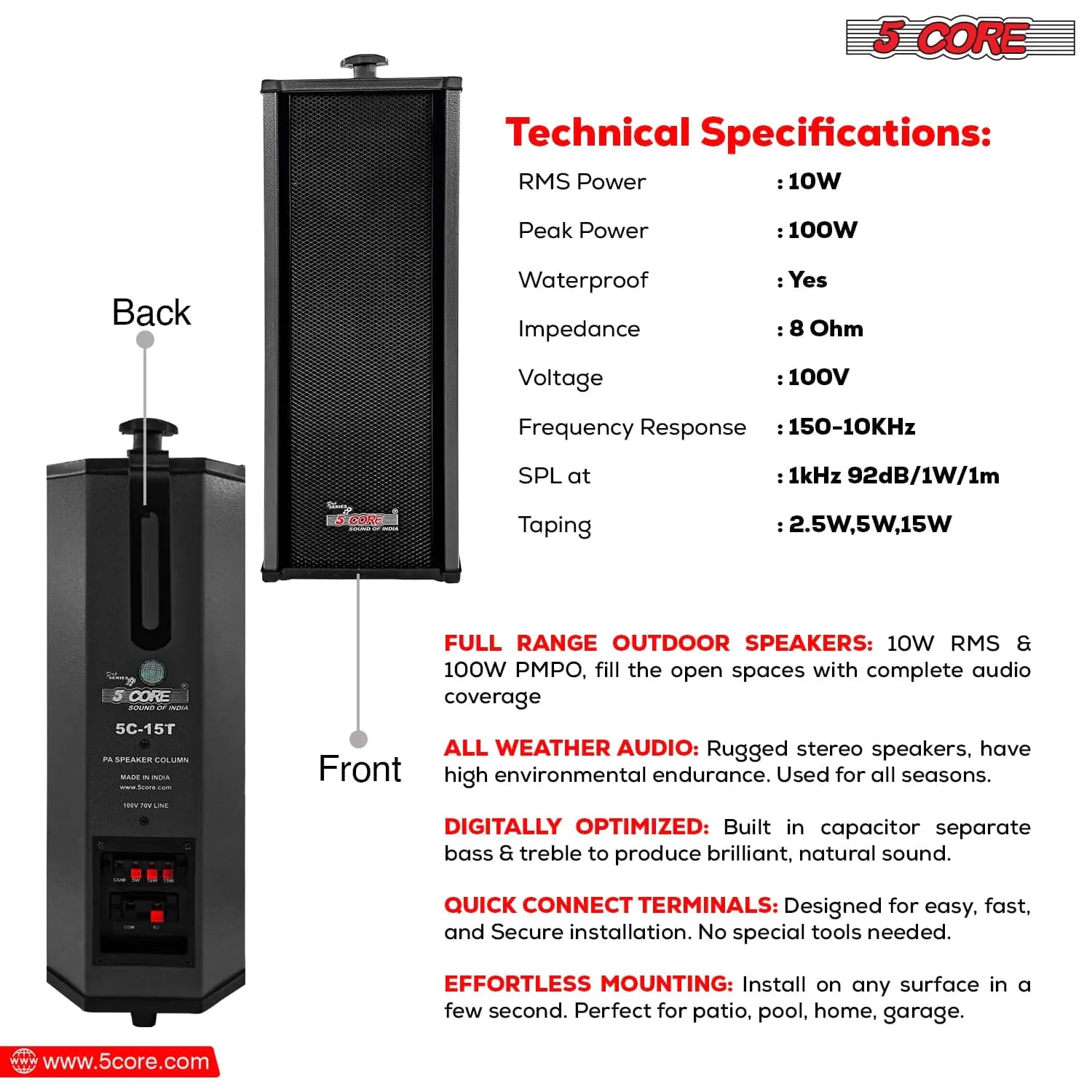 5Core Outdoor Speakers Stereo In Wall 100W Peak Passive Home Audio System - P's One-Stop Shop 