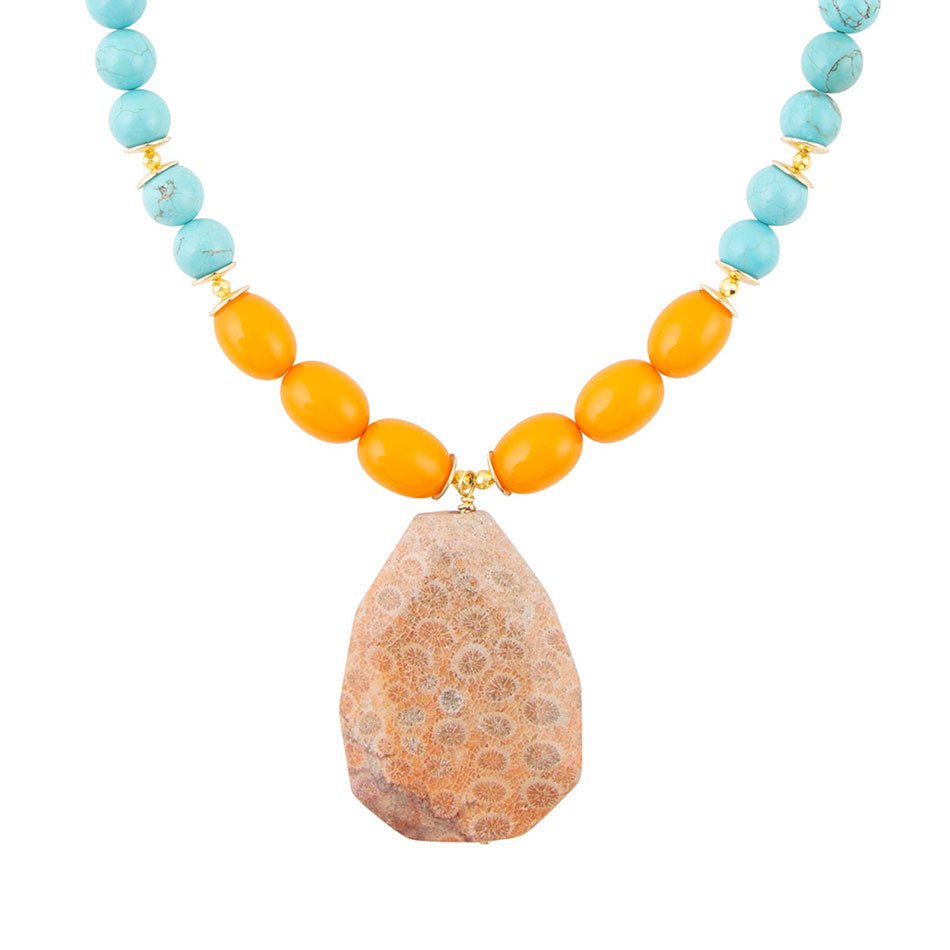 Apricot Fossil Blue Magnesite Golden Pendant Necklace - P's One-Stop Shop 