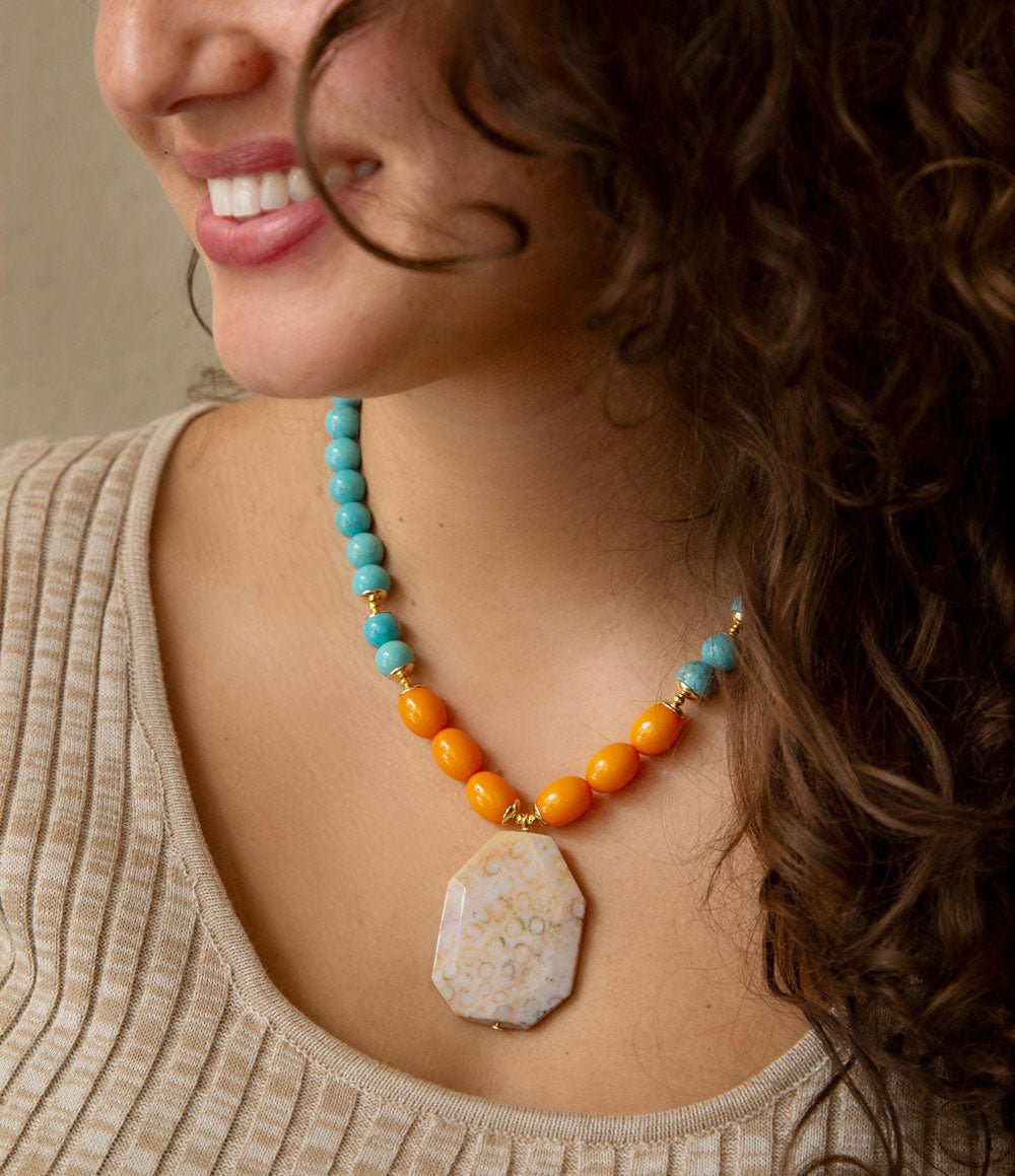 Apricot Fossil Blue Magnesite Golden Pendant Necklace - P's One-Stop Shop 