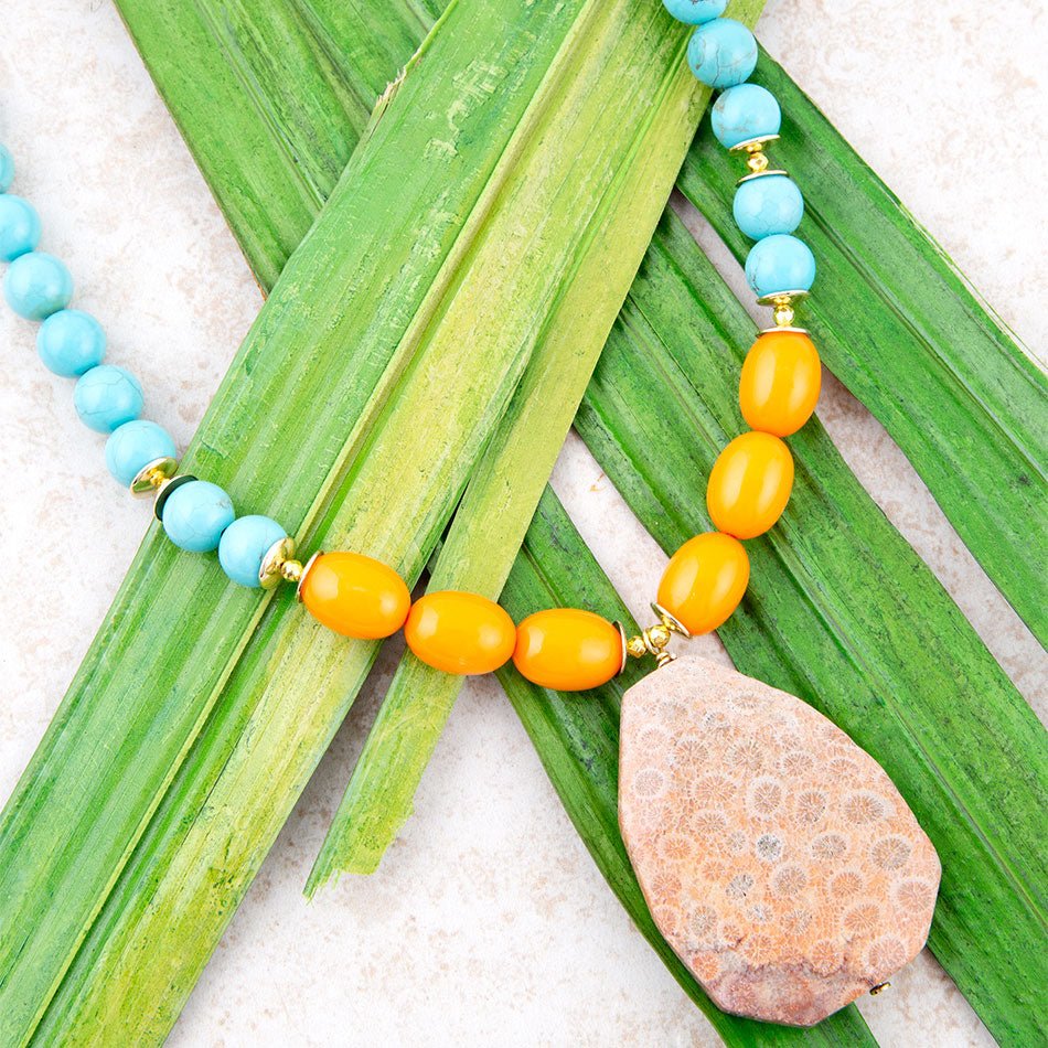 Apricot Fossil Blue Magnesite Golden Pendant Necklace - P's One-Stop Shop 