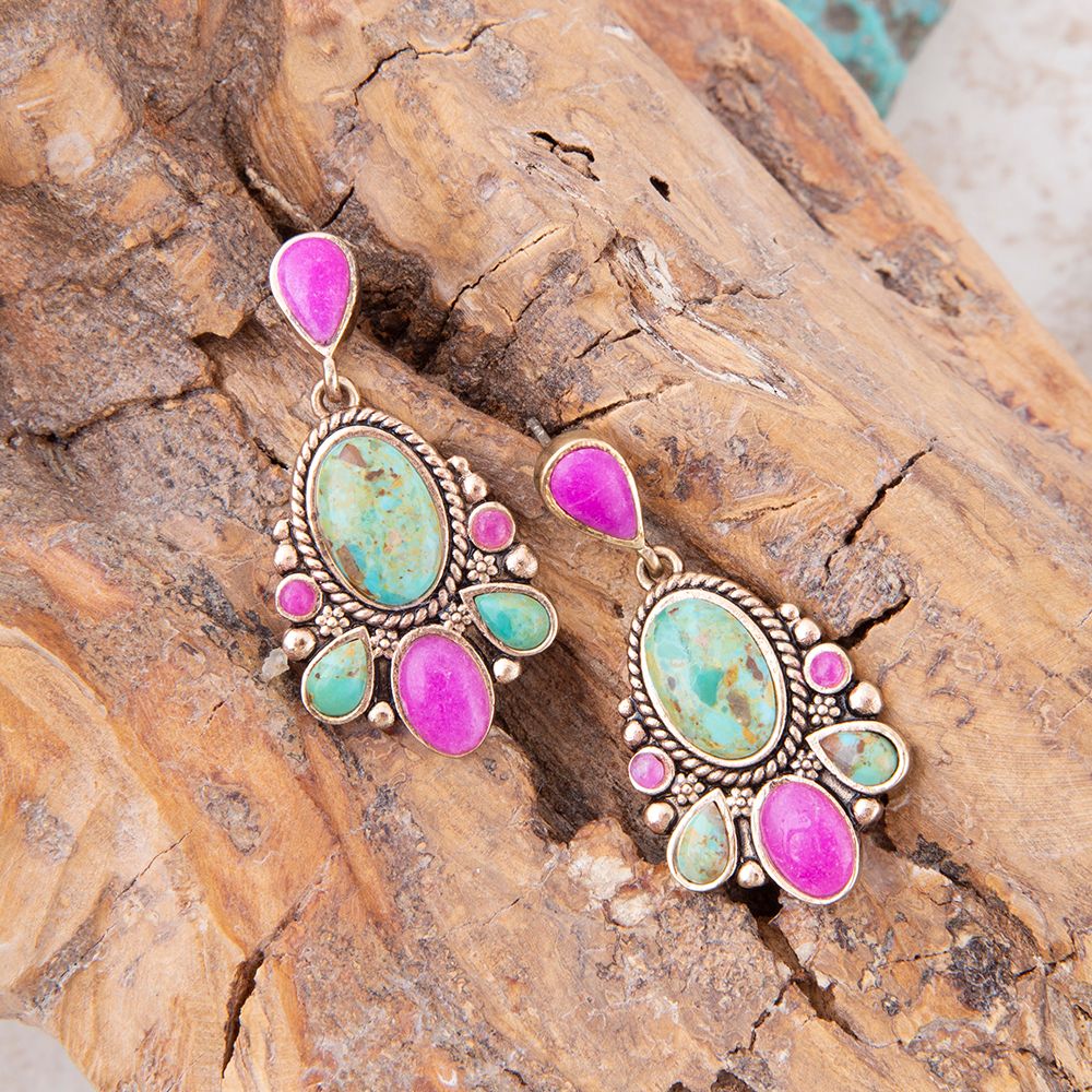 Barcelona Blue Turquoise and Pink Agate Golden Drop Earrings - P's One-Stop Shop 