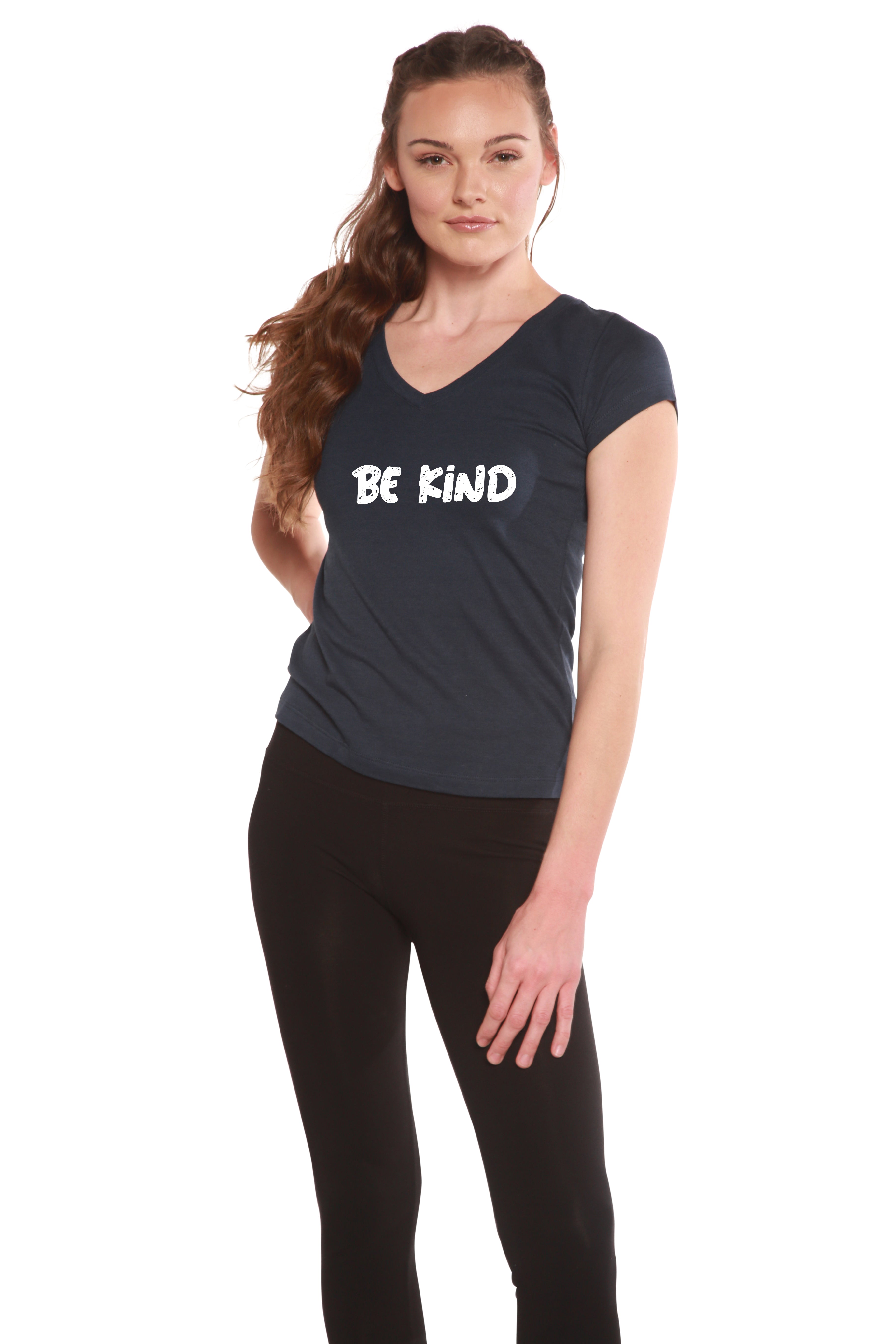 Be Kind Printed Women's Bamboo Viscose/Cotton V-Neck Cap Sleeve T-Shirt - P's One-Stop Shop 