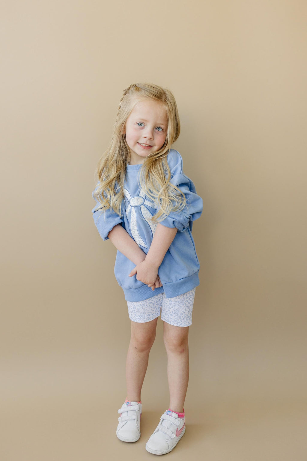 Blue Toile Applique Bow: Baby Sweatshirt Romper or Crewneck - P's One-Stop Shop 