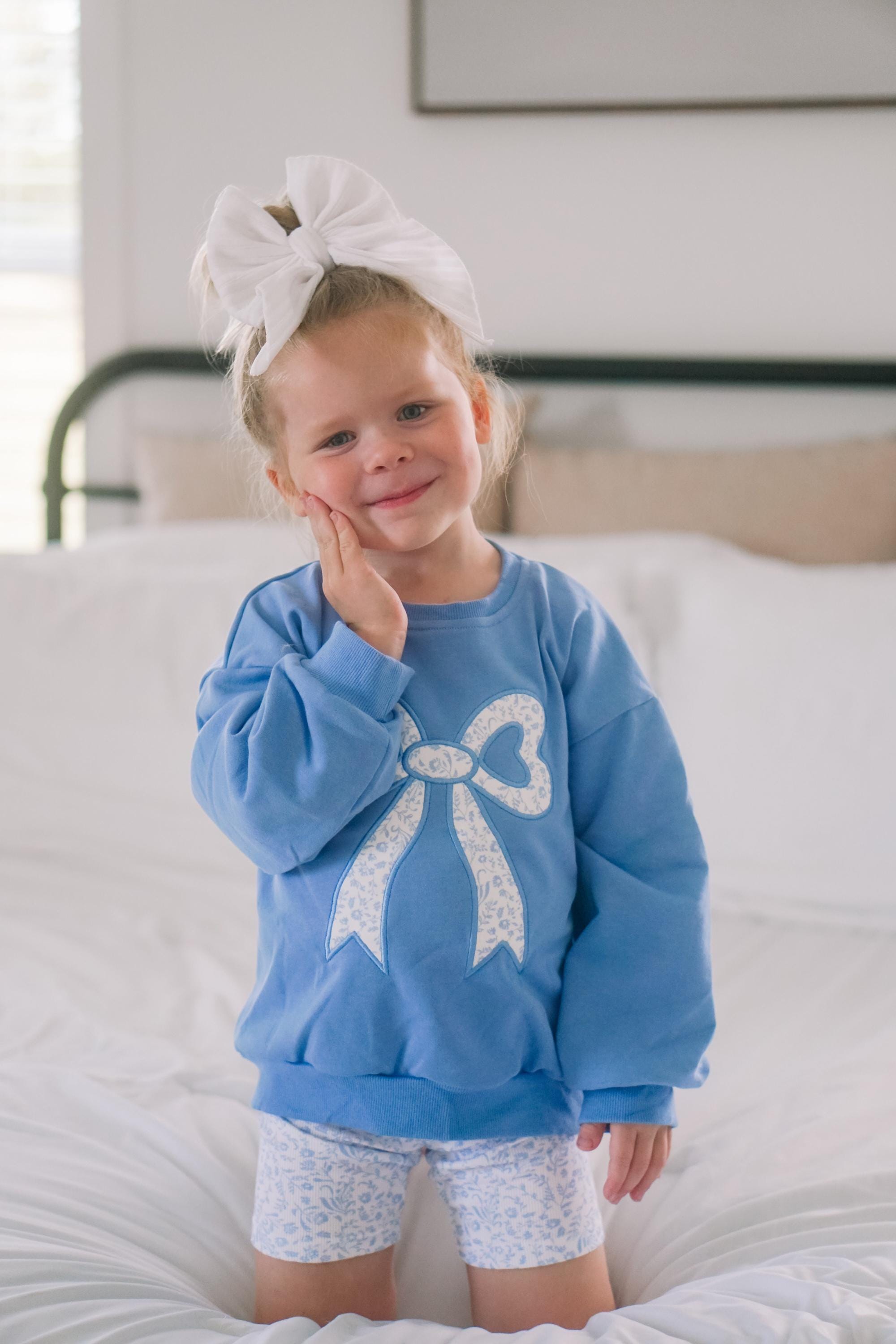 Blue Toile Applique Bow: Baby Sweatshirt Romper or Crewneck - P's One-Stop Shop 