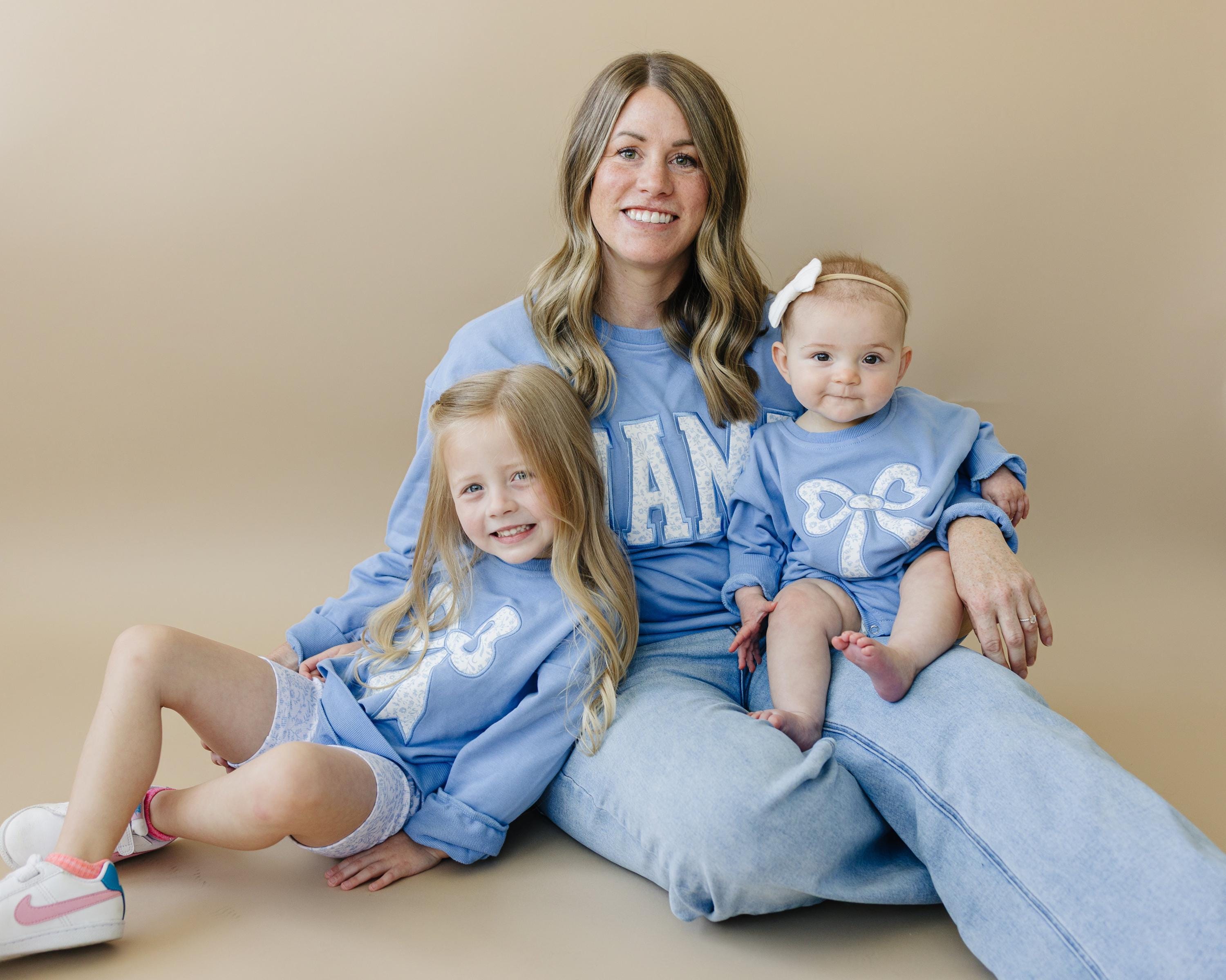 Blue Toile Applique Bow: Baby Sweatshirt Romper or Crewneck - P's One-Stop Shop 
