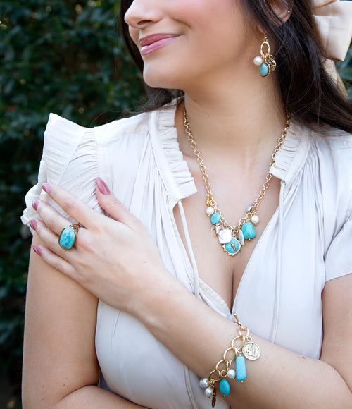 Blue Turquoise and White Pearl Multi Charm Golden Charm Earrings - P's One-Stop Shop 