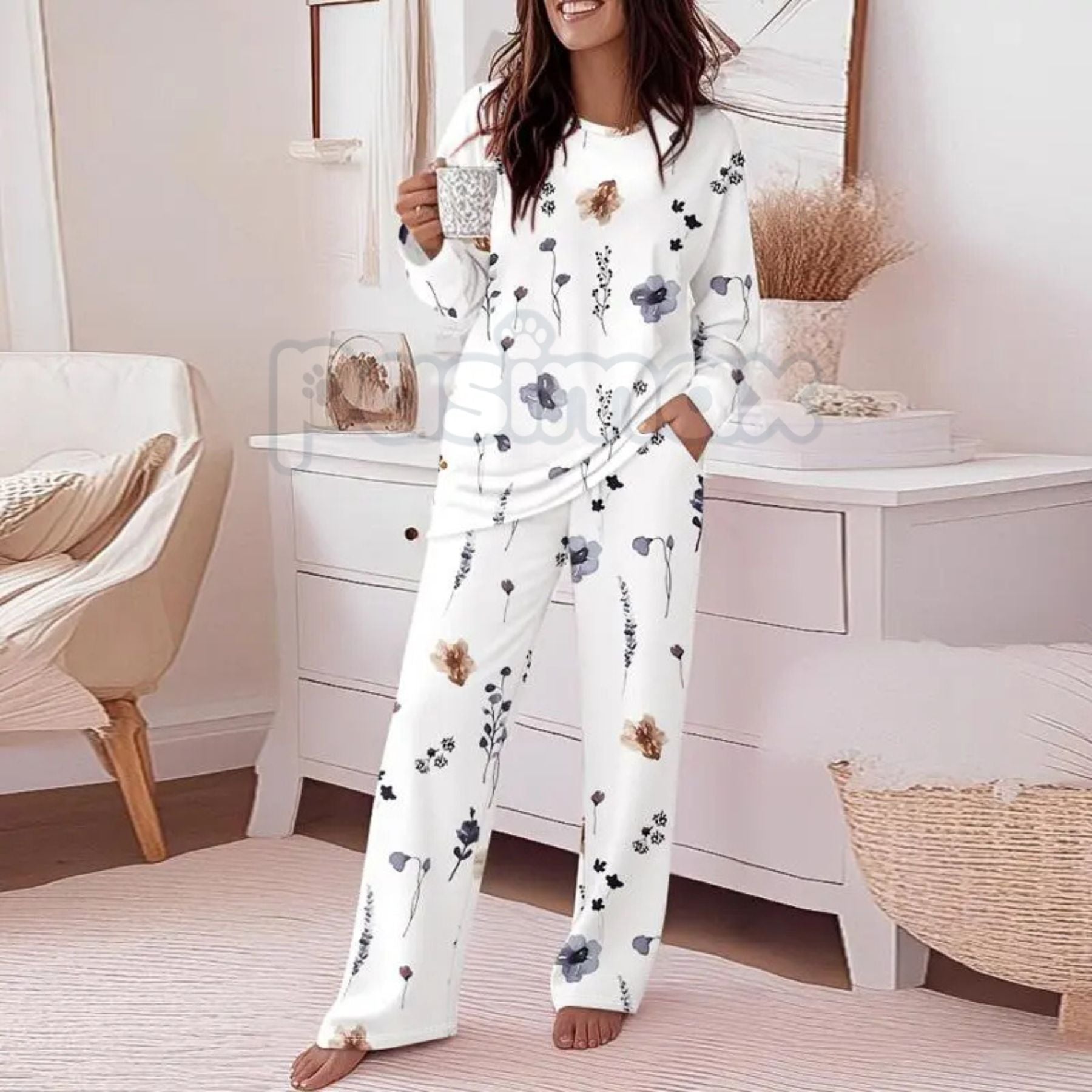 ChicMe Women's Floral Print Lounge Set - Long Sleeve Top & Casual Pants with Pockets, Comfortable Home Wear - P's One-Stop Shop 