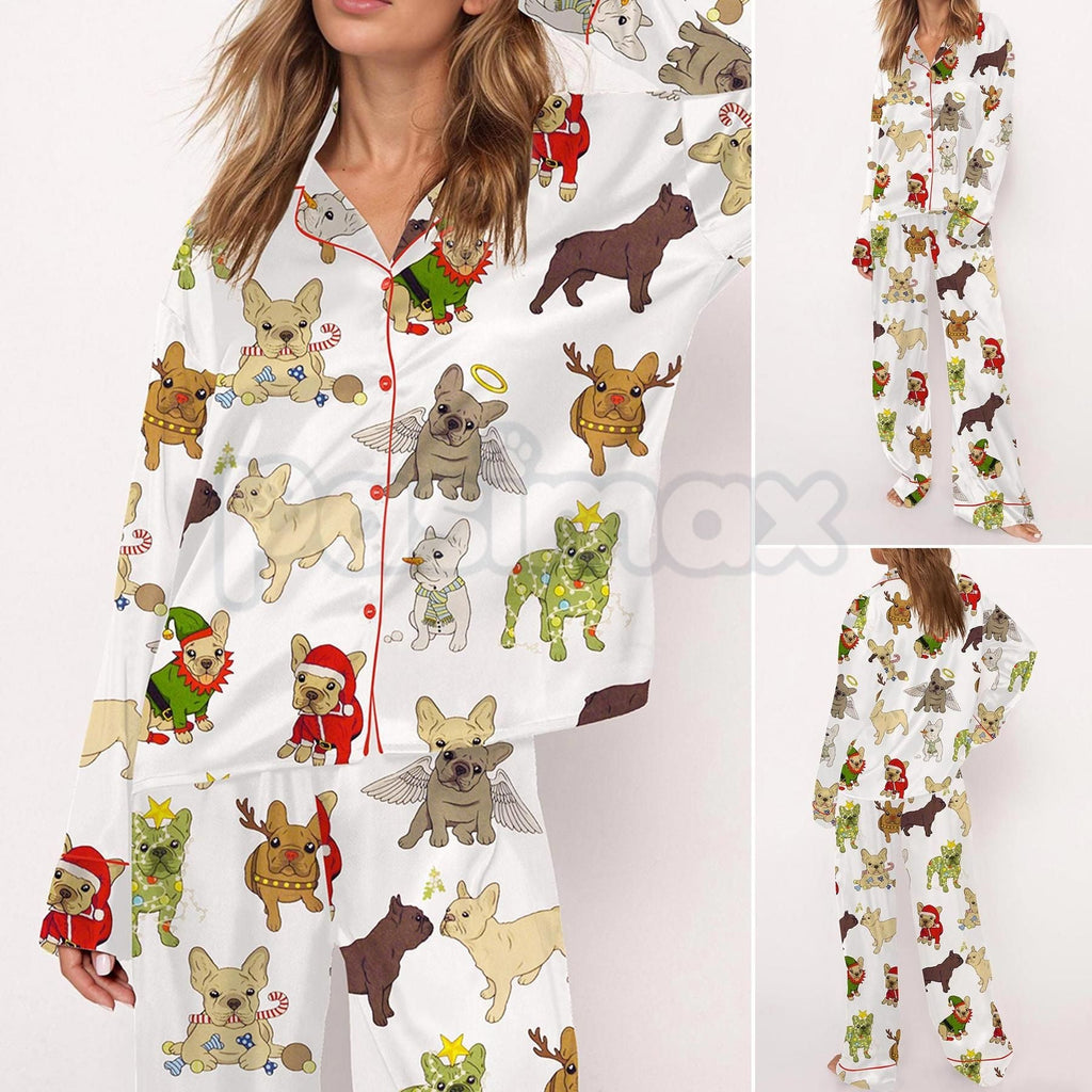 Christmas French Bulldog Satin Pajama Set for Women - Comfy Silky Sleepwear & Loungewear PJs - P's One-Stop Shop 
