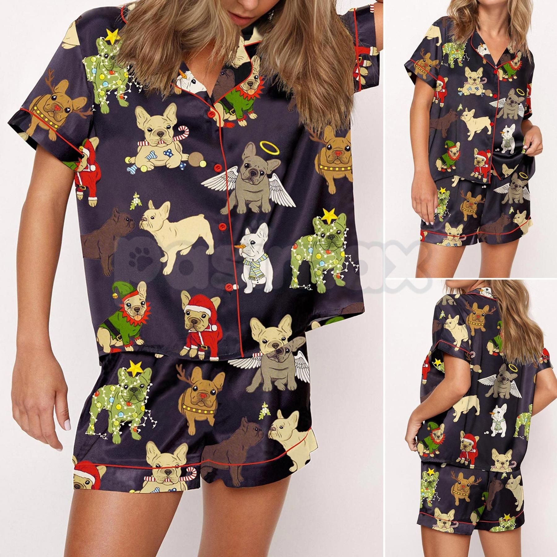 Christmas French Bulldog Satin Pajama Set for Women - Comfy Silky Sleepwear & Loungewear PJs - P's One-Stop Shop 