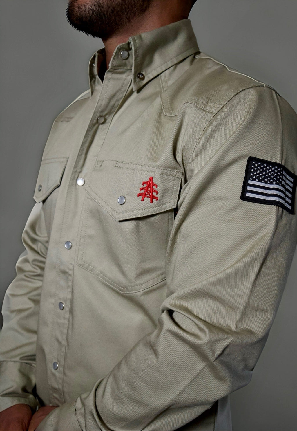FR Western Style Pearl Snap - Khaki - P's One-Stop Shop 