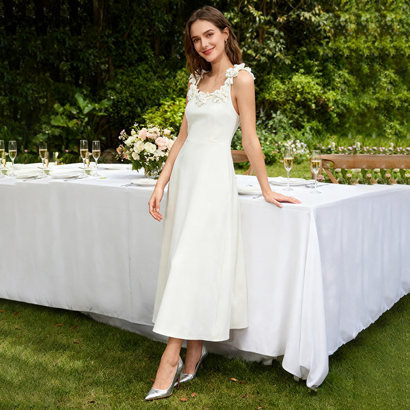 Fall Elegant Elegant Sweet Heavy Industry Three Dimensional Floral Long Patchwork Strap Dress for Women - P's One-Stop Shop 