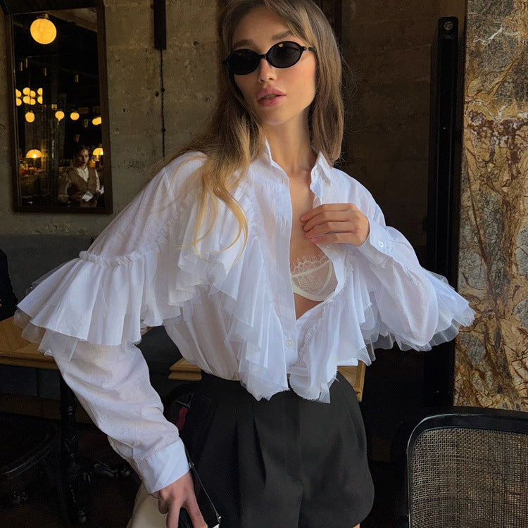 French Design Ruffled White Shirt Women Autumn Polo Collar Long Sleeve Office All Match Top - P's One-Stop Shop 