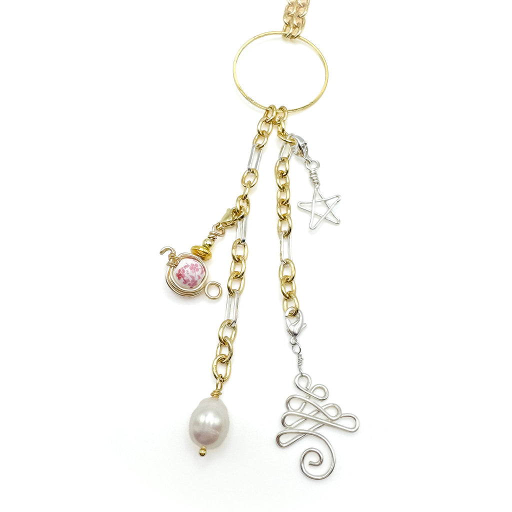 Gold-Accent White Ceramic Teapot Charm with Pink Floral Design - P's One-Stop Shop 