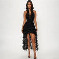 Halter Sexy Deep V Plunge Sheath Solid Color Dress for Women Ruffles Tassel Dress - P's One-Stop Shop 