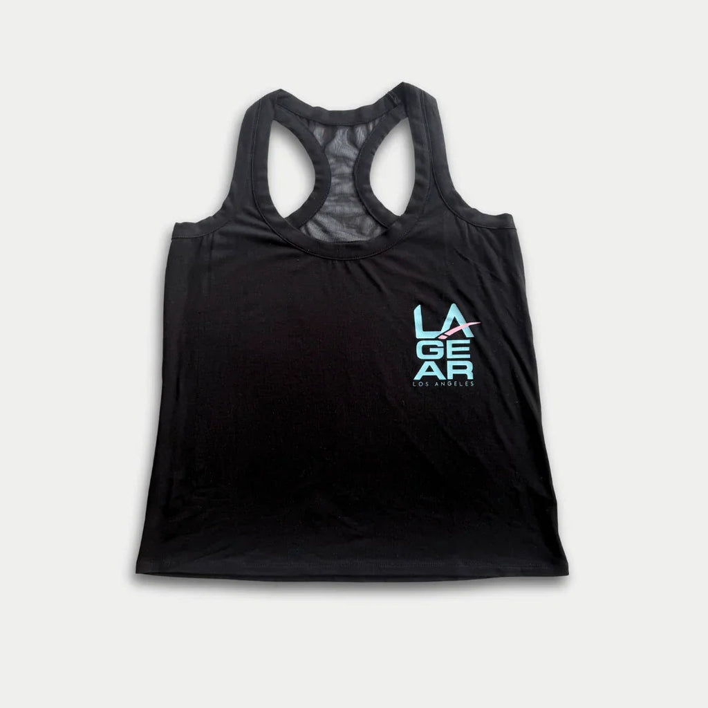 LA Gear Women’s Racerback Tank | Black with Aqua x Pink Logo - P's One-Stop Shop 