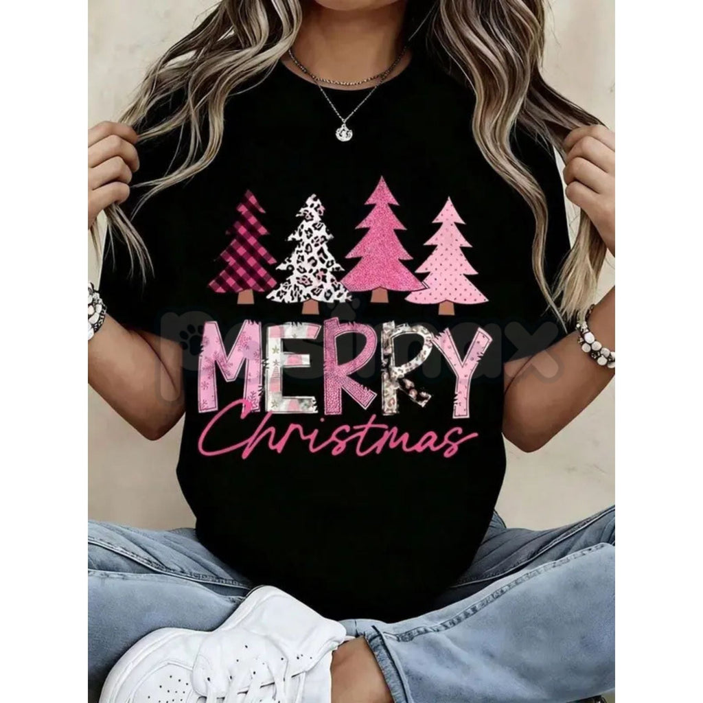 Leopard Print Pink Plaid Christmas Trees T-Shirt - Glam Holiday Statement Tee, Maximalist Festive Fashion for Women, Edgy Seasonal Graphic - P's One-Stop Shop 