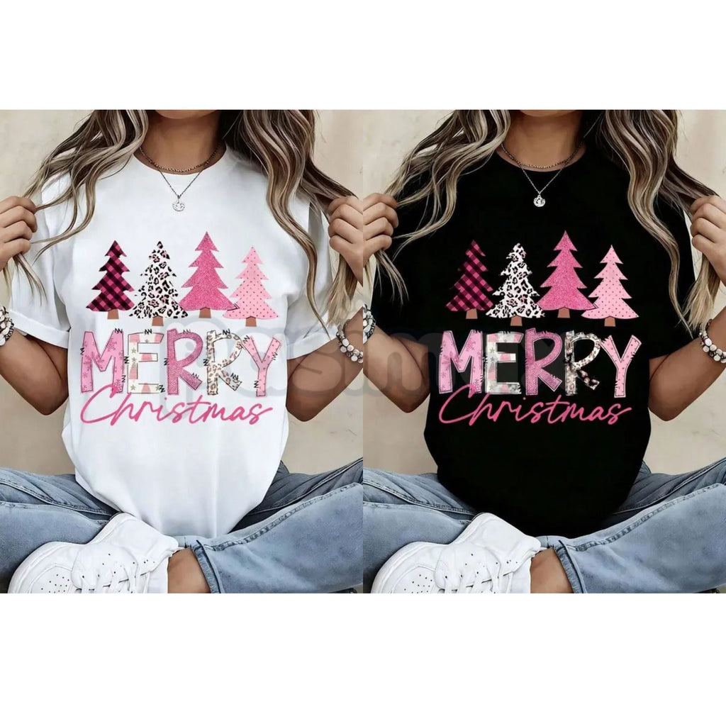 Leopard Print Pink Plaid Christmas Trees T-Shirt - Glam Holiday Statement Tee, Maximalist Festive Fashion for Women, Edgy Seasonal Graphic - P's One-Stop Shop 