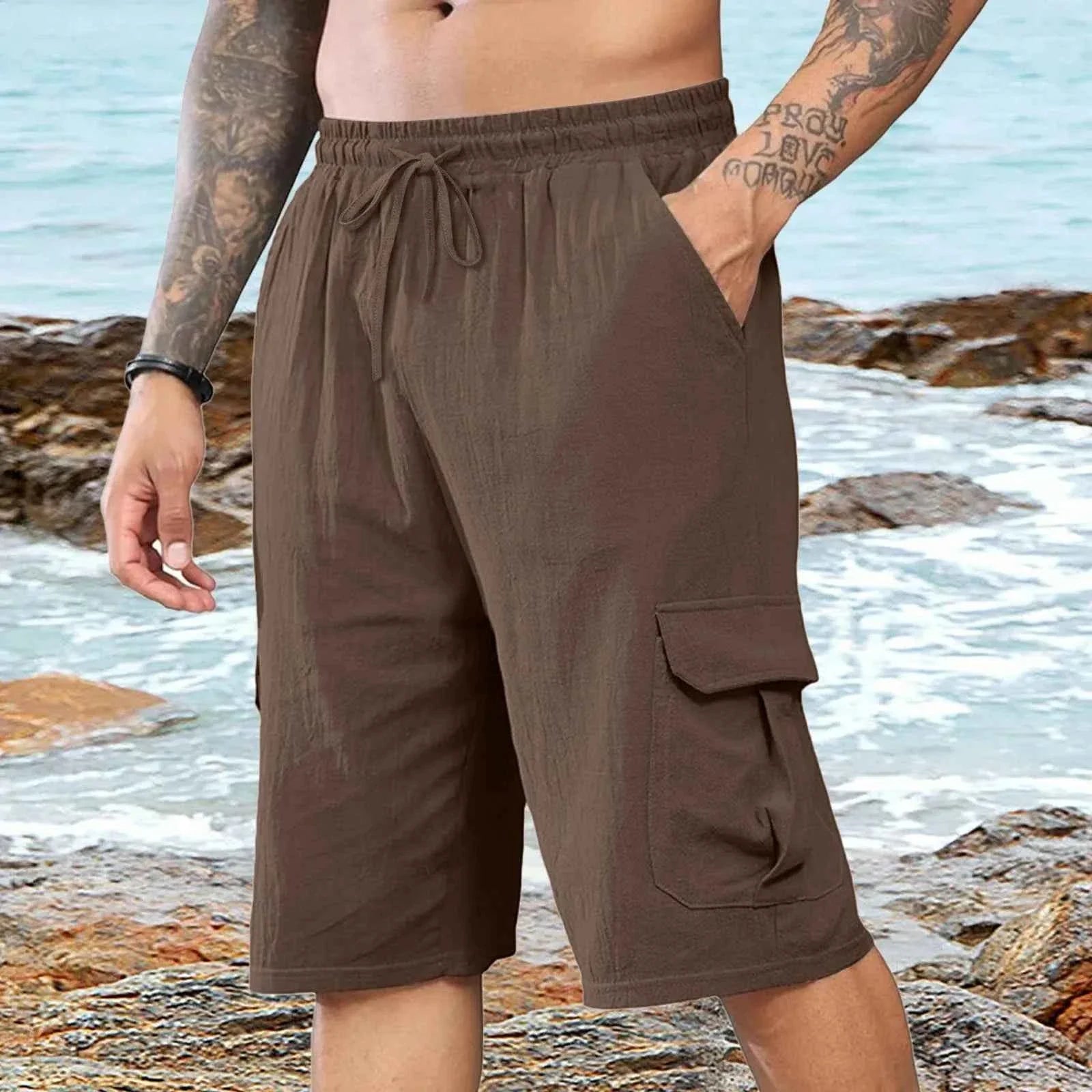 Men's Linen Casual Elastic Waist Beach Shorts - P's One-Stop Shop 