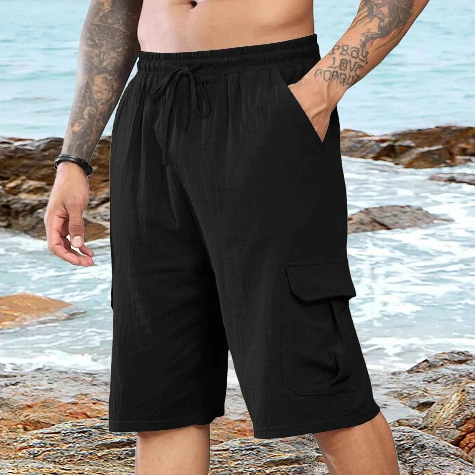 Men's Linen Casual Elastic Waist Beach Shorts - P's One-Stop Shop 
