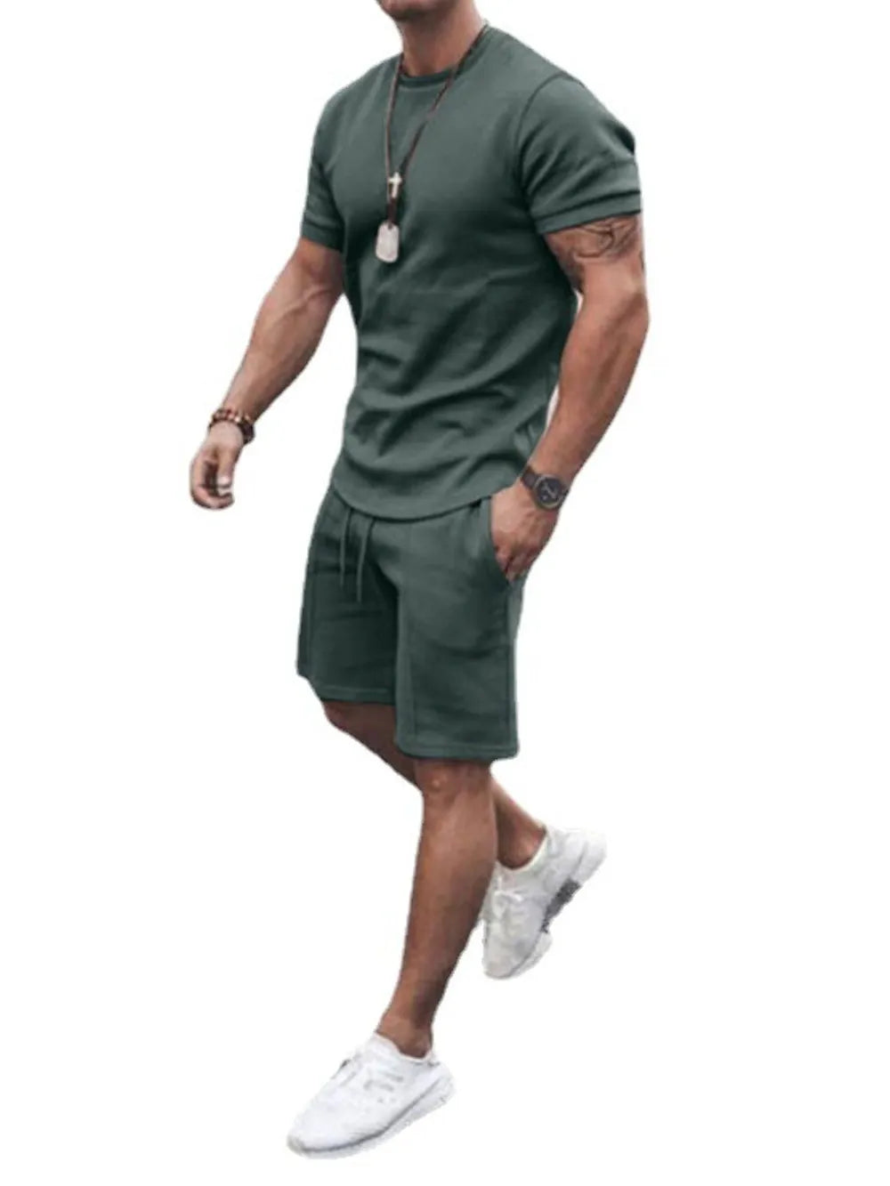 Men's Plus Size Round Neck Short Sleeve Top and Shorts Set - P's One-Stop Shop 