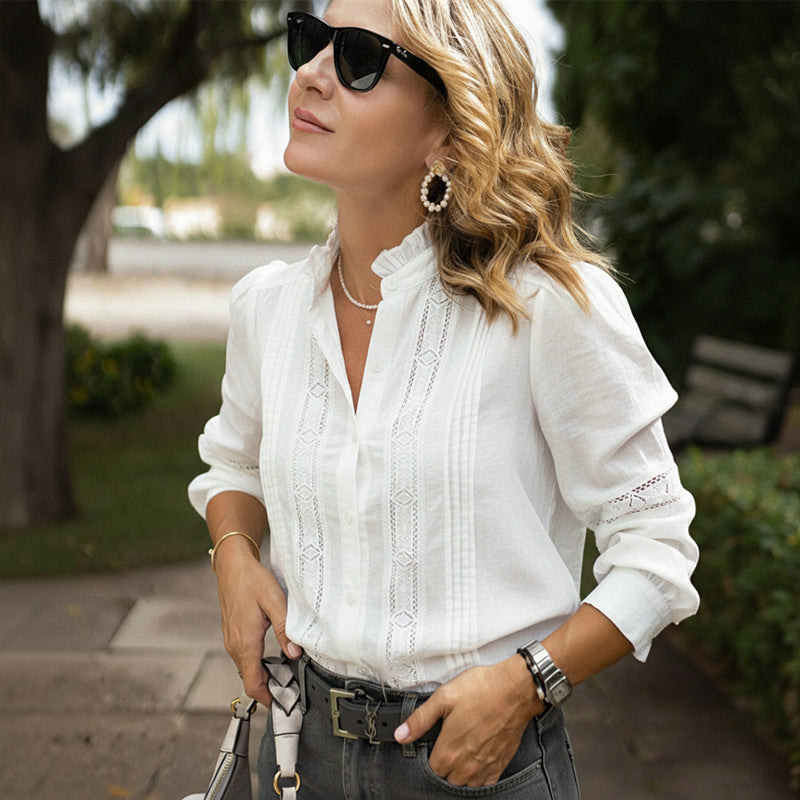 Office Stitching Lace Stand Collar Hollow Out Cutout out Long Sleeve White Shirt Women Autumn - P's One-Stop Shop 
