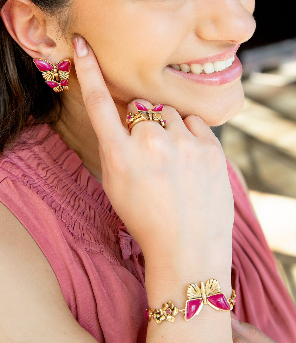 Pink Fuchsia Agate Golden Butterflies Triple Ring Set - P's One-Stop Shop 