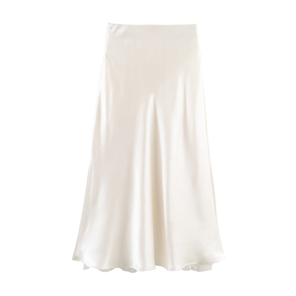 Satin Acetate Lace Patchwork Slit Skirt Long Skirt - P's One-Stop Shop 