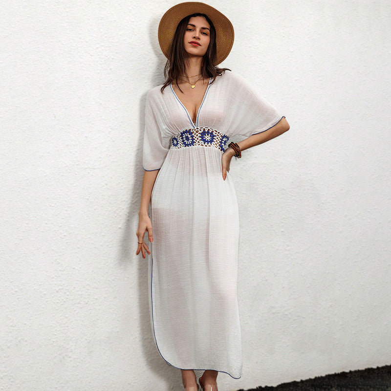 Summer Solid Color Dress Knitted Embroidered Holiday Beach Sun Shield Women - P's One-Stop Shop 