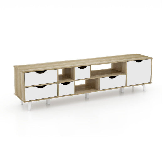 TV Stand for TVs up to 65” Television Cabinet-w/ 5 Drawers & 3 Open Shelves-Oak - P's One-Stop Shop 