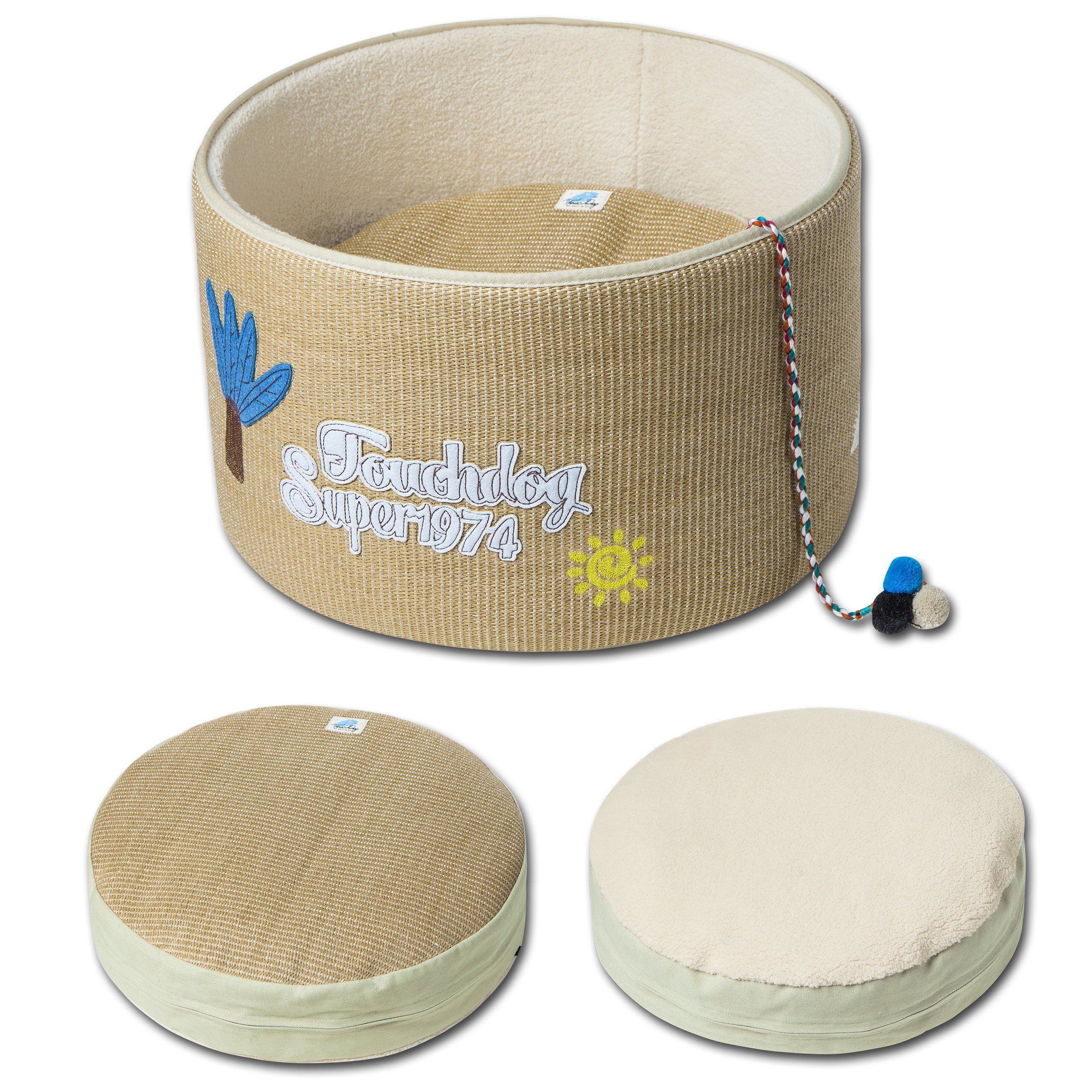 Touchcat 'Claw-ver Nest' Rounded Scratching Cat Bed w/ Teaser Toy - P's One-Stop Shop 