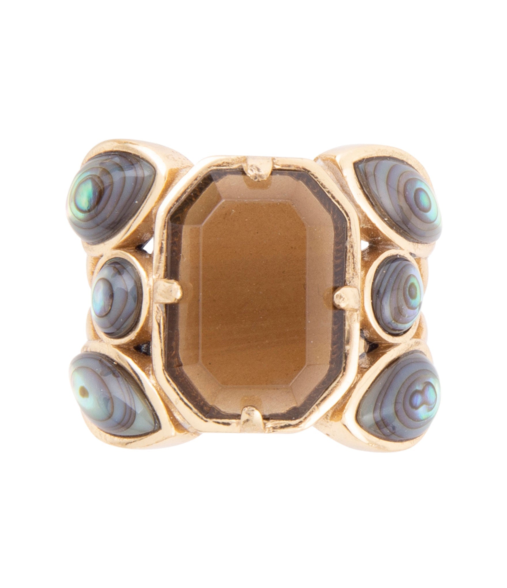 Tribecca Smoky Brown Quartz and Abalone Statement Golden Ring - P's One-Stop Shop 
