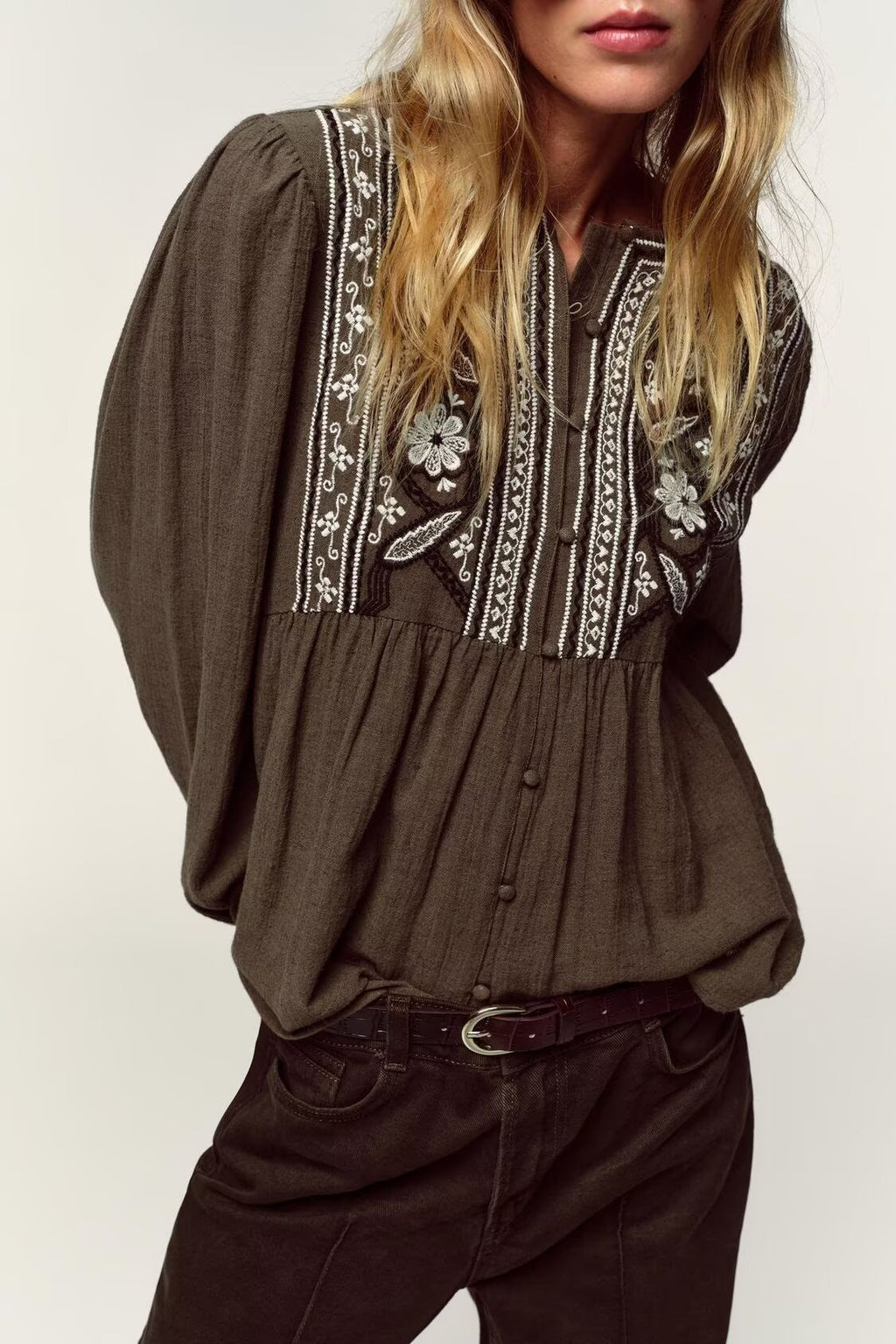 Women Clothing Autumn Artistic Ethnic Chest Embroidered round Neck Shirt - P's One-Stop Shop 