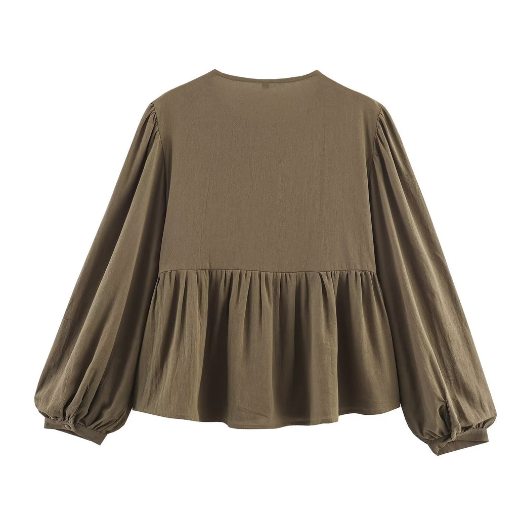 Women Clothing Autumn Artistic Ethnic Chest Embroidered round Neck Shirt - P's One-Stop Shop 
