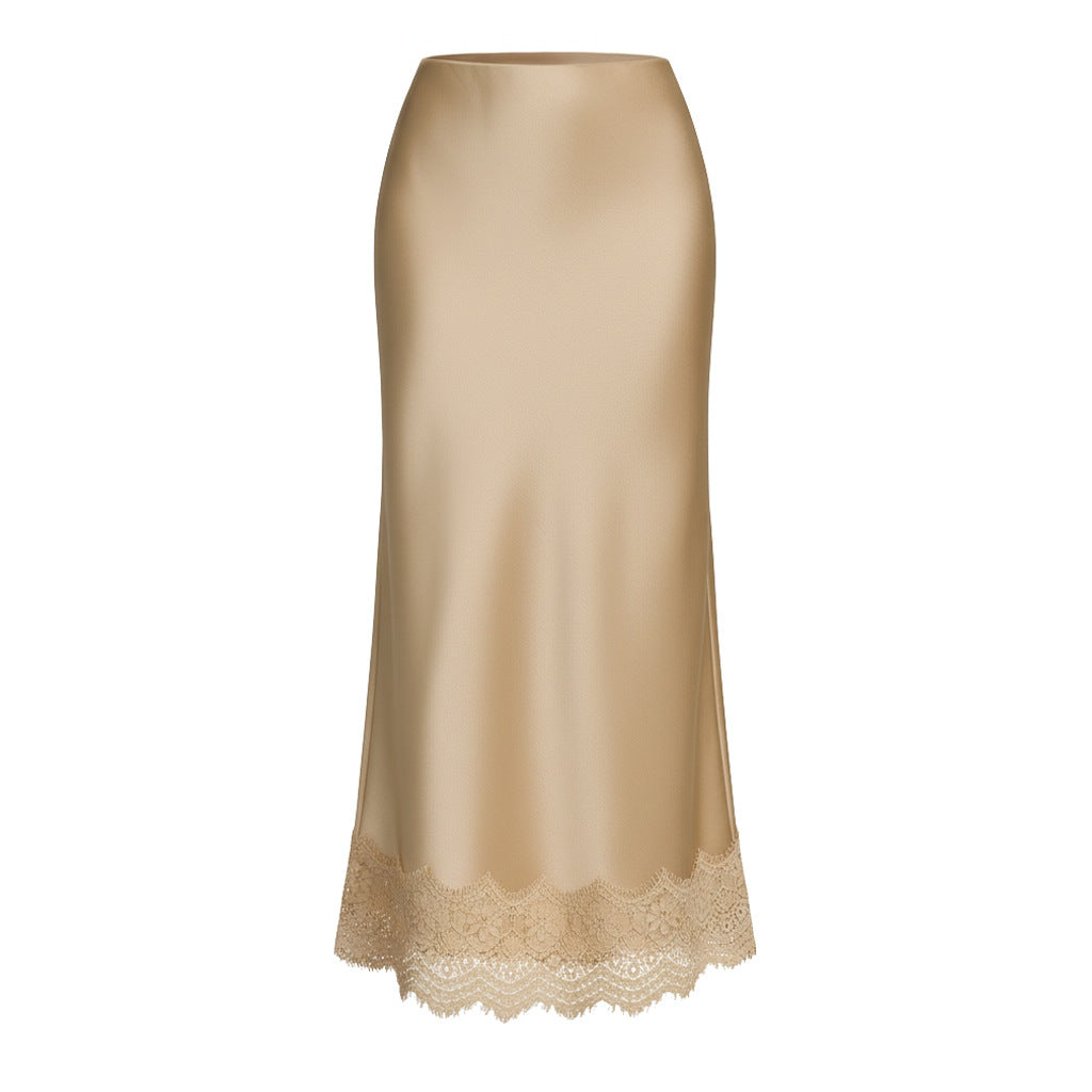 Women Clothing Lace Satin Skirt High Waist Elastic Elegant Sheath Skirt - P's One-Stop Shop 