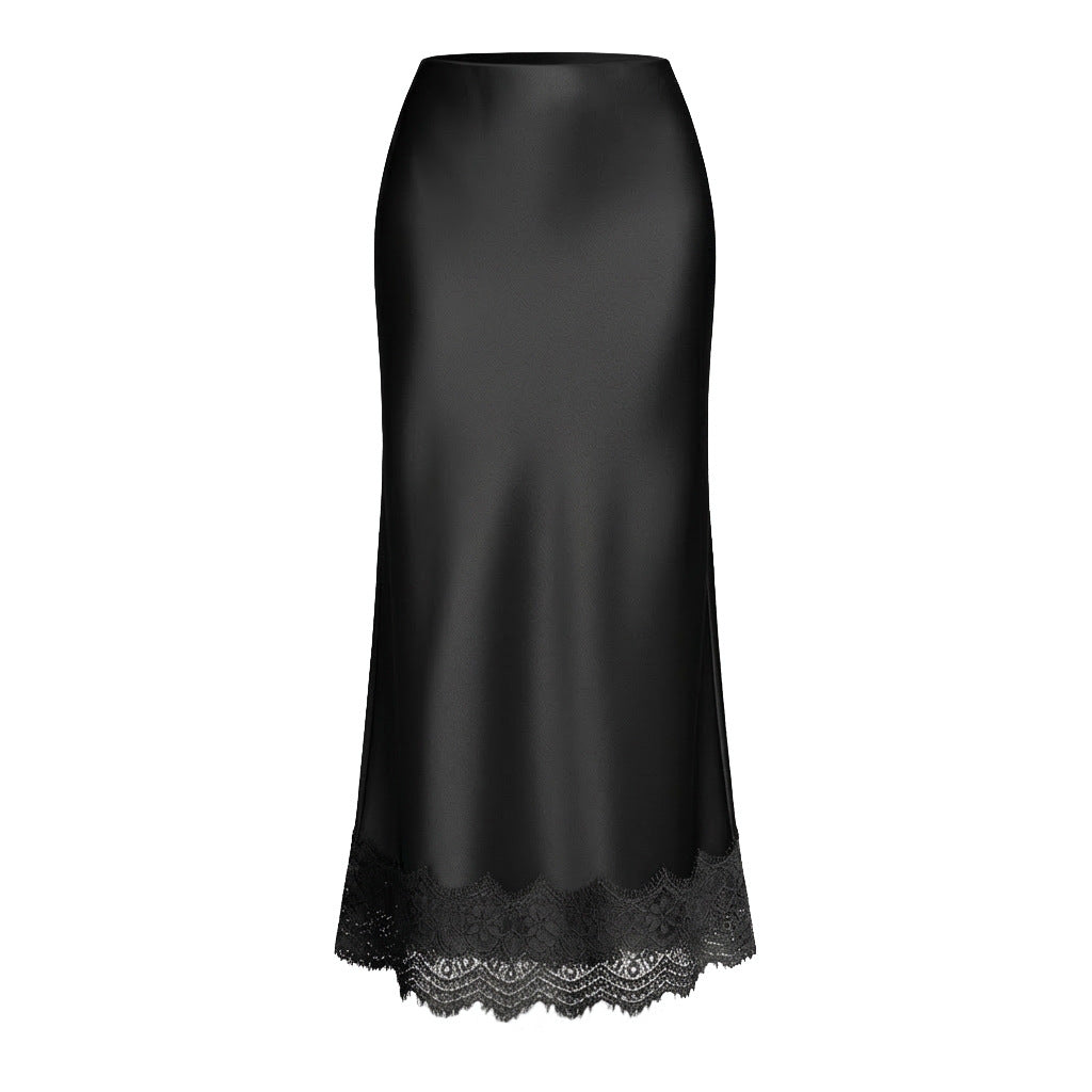 Women Clothing Lace Satin Skirt High Waist Elastic Elegant Sheath Skirt - P's One-Stop Shop 