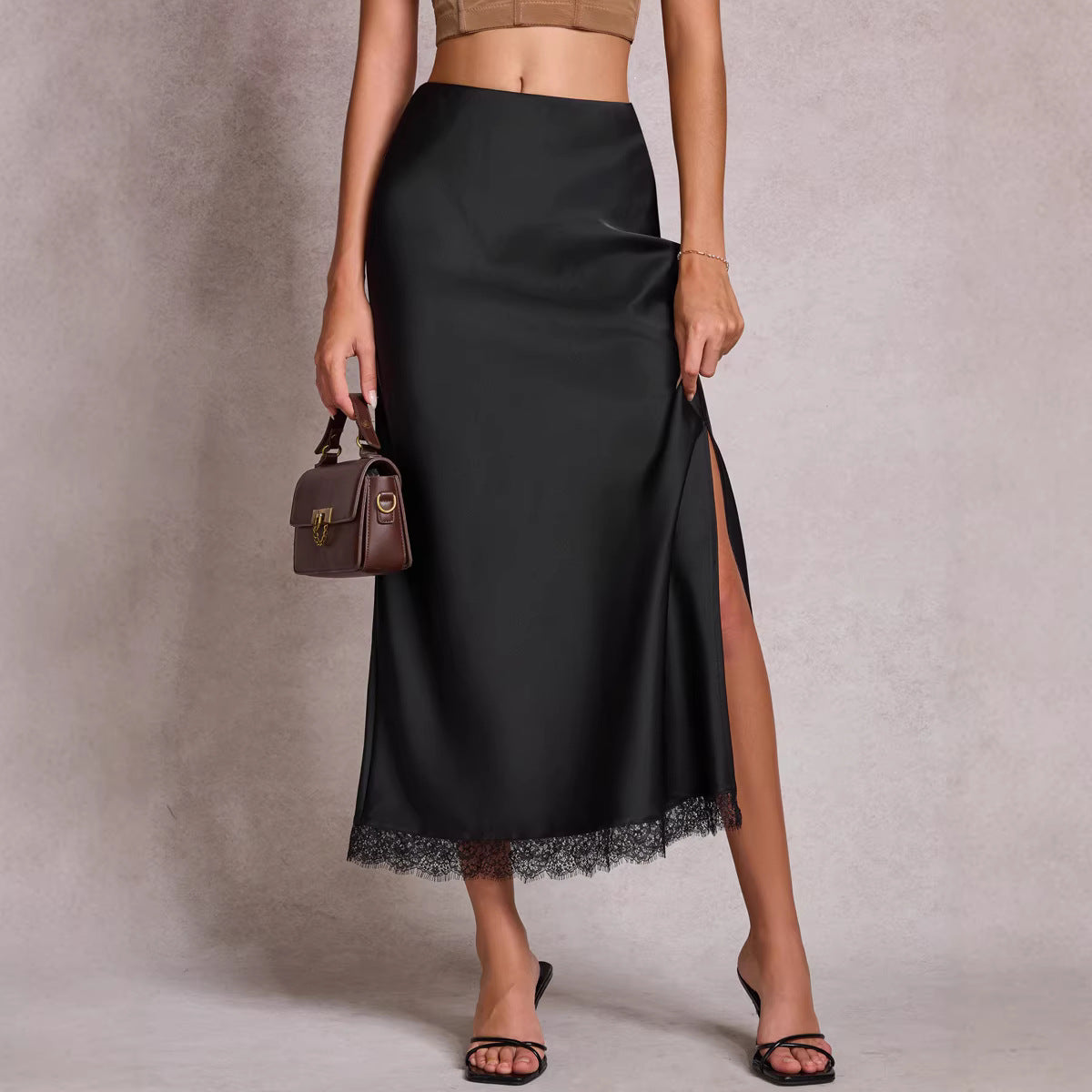 Women Clothing Satin Skirt Lace Split High Waist Elastic Sexy Sheath Skirt - P's One-Stop Shop 