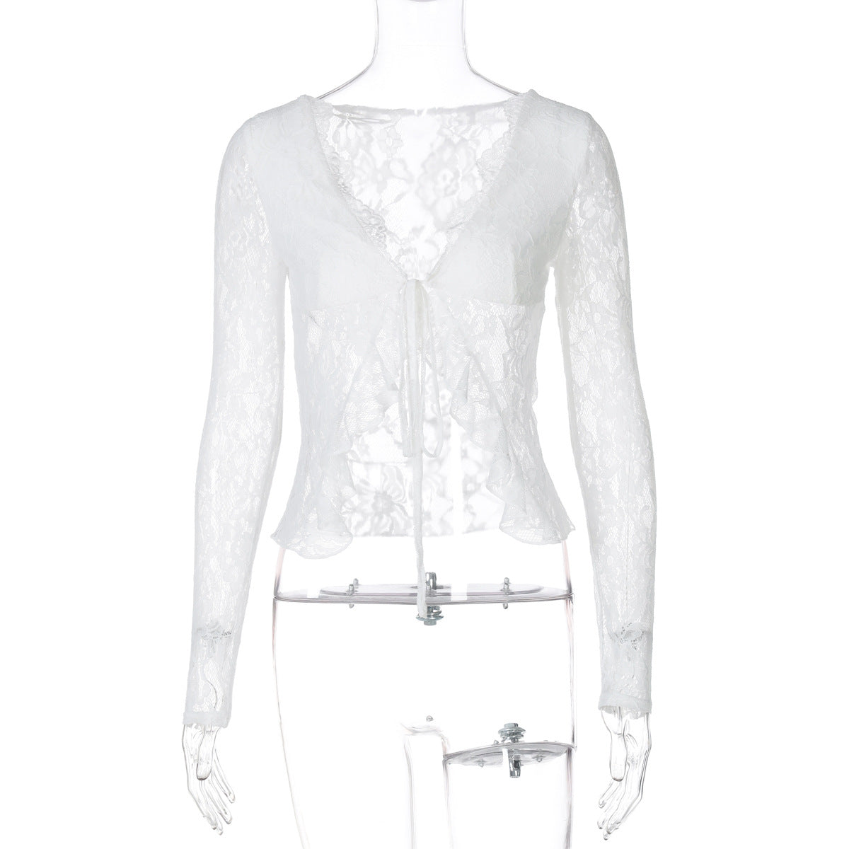 Women Clothing Sexy Lace See through V neck Cardigan Lace up Long Sleeve Top - P's One-Stop Shop 
