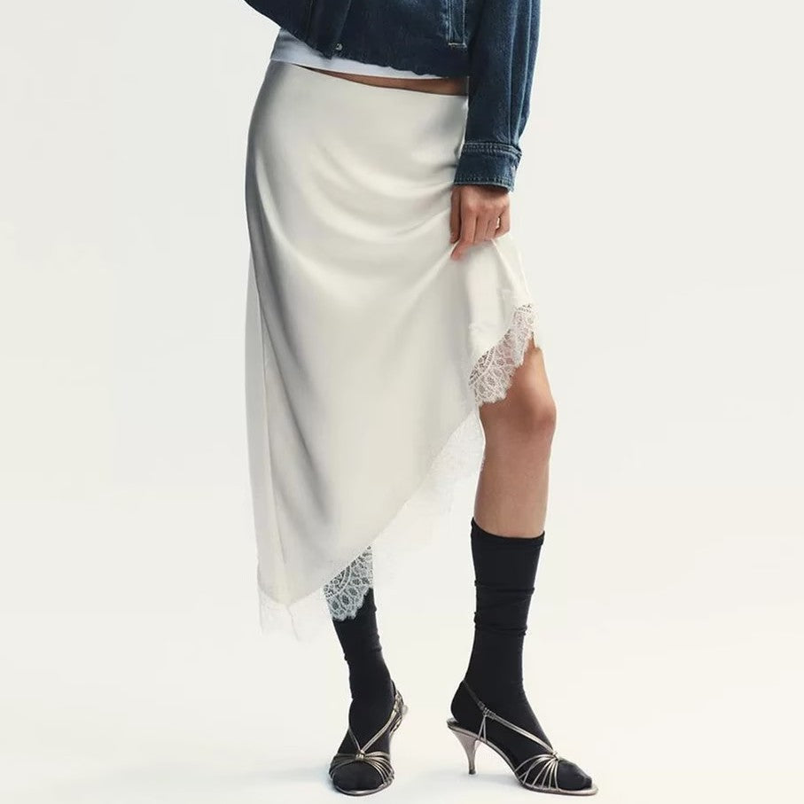 Women Clothing Spring Sexy Satin Acetate Lace Stitching Irregular Asymmetric Skirt - P's One-Stop Shop 