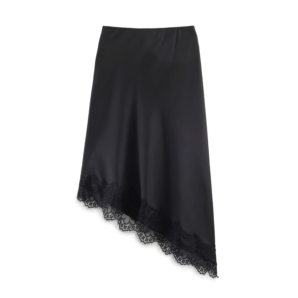 Women Clothing Spring Sexy Satin Acetate Lace Stitching Irregular Asymmetric Skirt - P's One-Stop Shop 