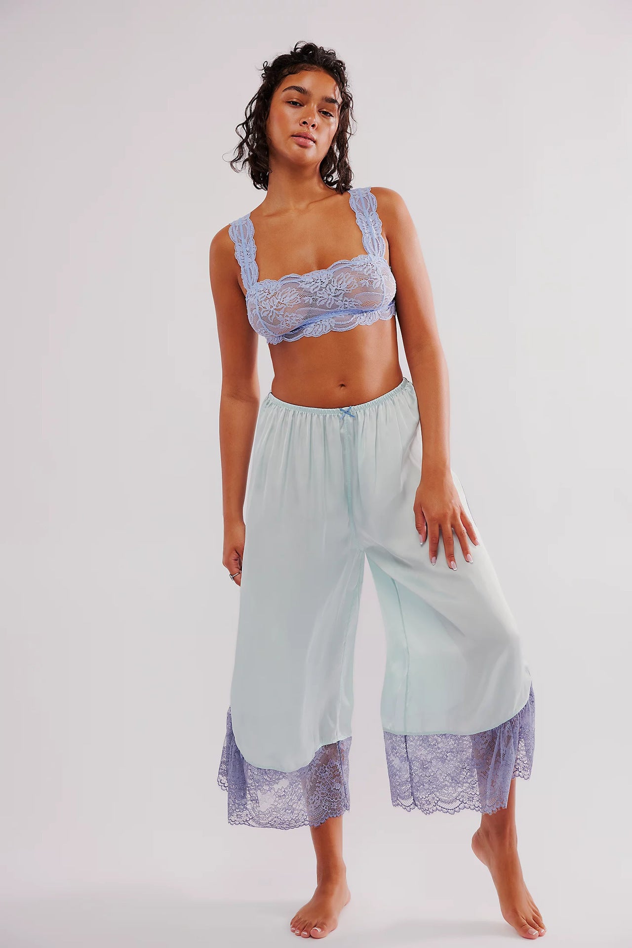 Women Lace Satin Stitching Loose Wide Leg Casual Trousers Office - P's One-Stop Shop 