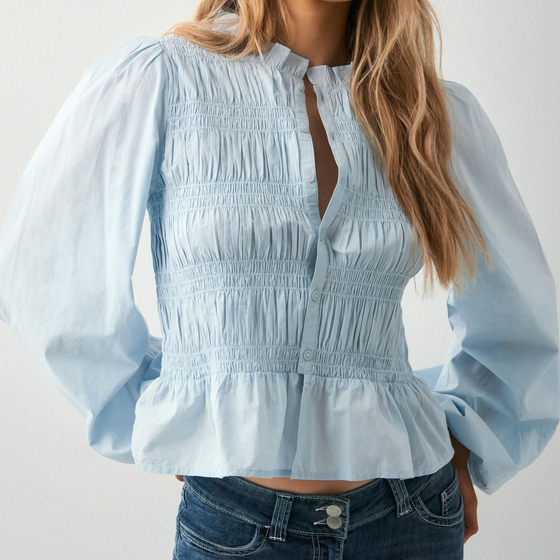 Women Solid Color Casual Button Slim Fit Cardigan Shirt Puff Sleeve Top - P's One-Stop Shop 