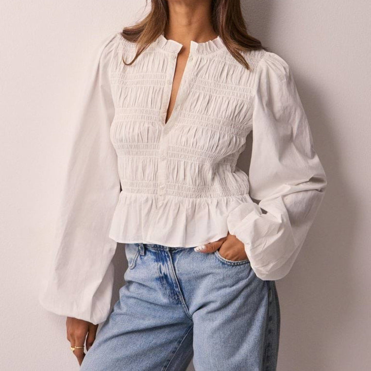 Women Solid Color Casual Button Slim Fit Cardigan Shirt Puff Sleeve Top - P's One-Stop Shop 