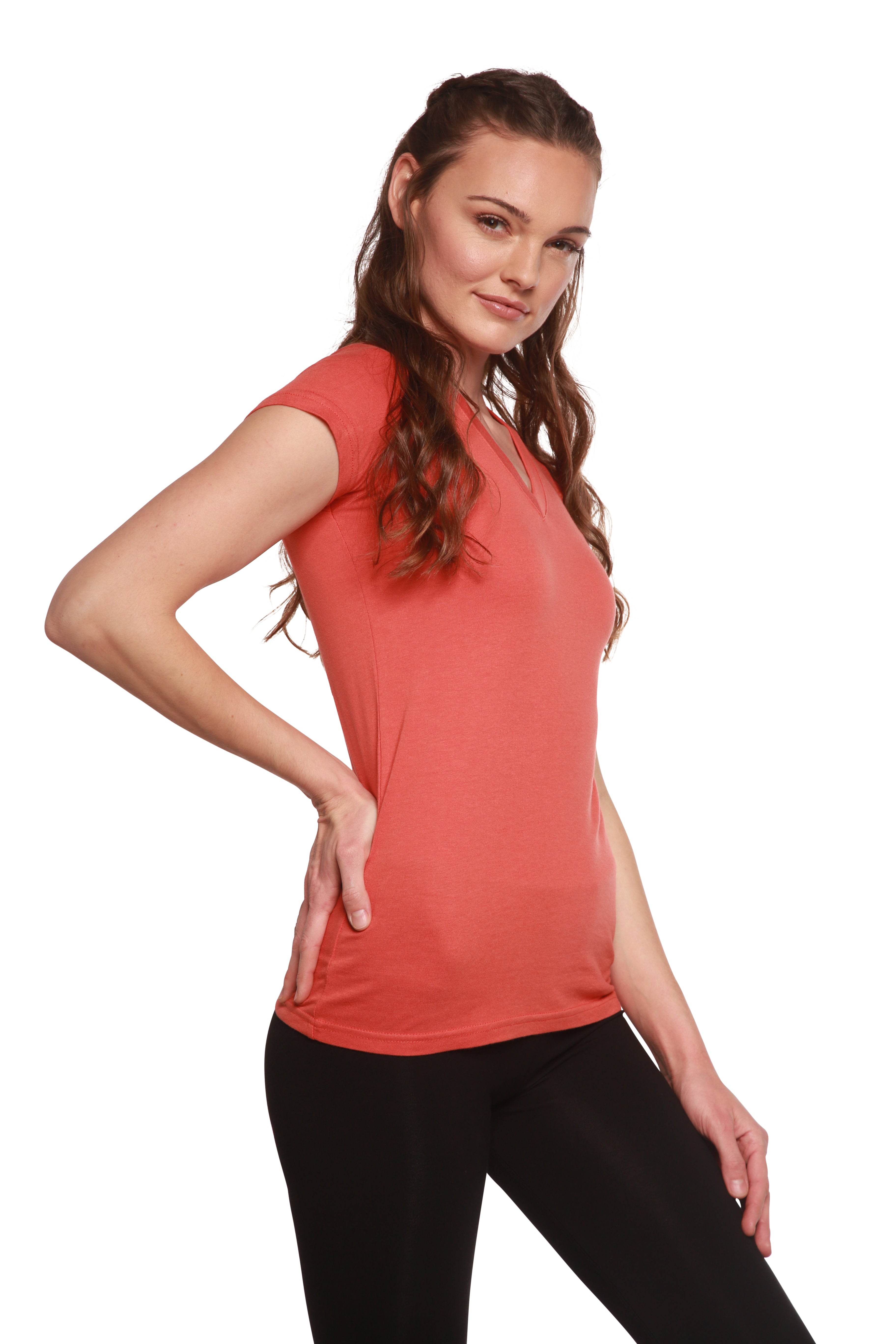 Women's Bamboo Viscose/Cotton V-Neck Cap Sleeve T-Shirt - P's One-Stop Shop 