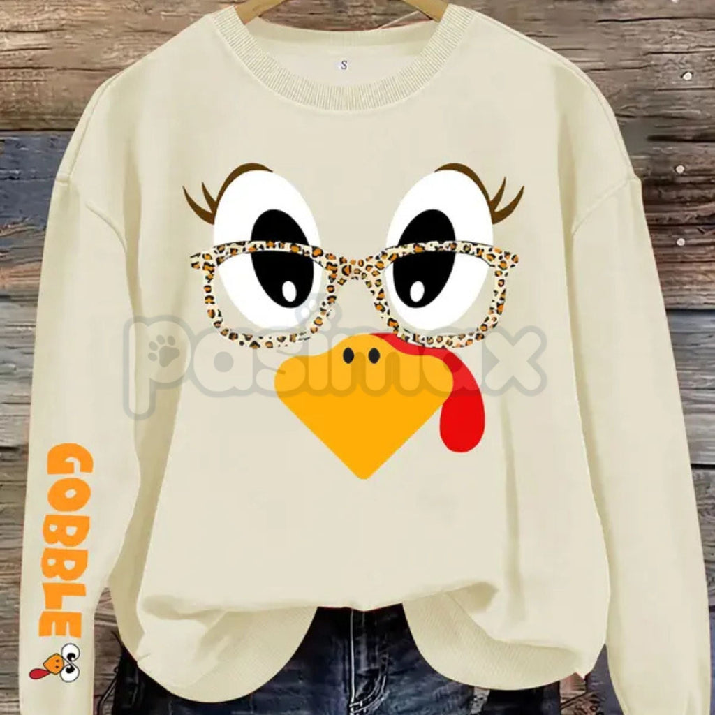 Women's Casual Thanksgiving Turkey Print Pullover Sweater – Cozy Holiday Crewneck - P's One-Stop Shop 