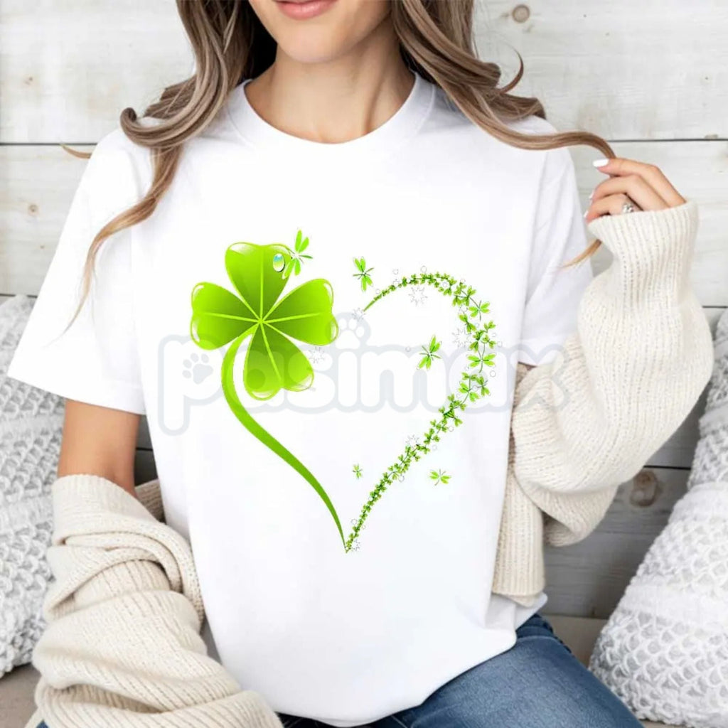 Four Leaf Clover Heart St. Patrick's Day T-Shirt - Lucky Clover Heart Graphic Tee, Premium 100% Cotton Crew Neck Celebration Top, Cute Irish Pride Heart Shirt, St. Paddy's Day Women's Fashion, Soft Lived-In Festive Holiday Apparel - P's One-Stop Shop 